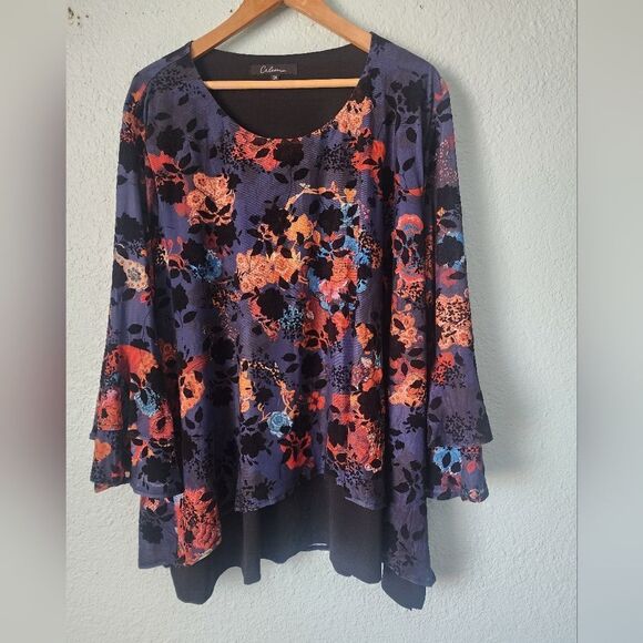 Catherines Tops - Calessa Embroided Blue and Orange Tunic Top Tunic Blouse